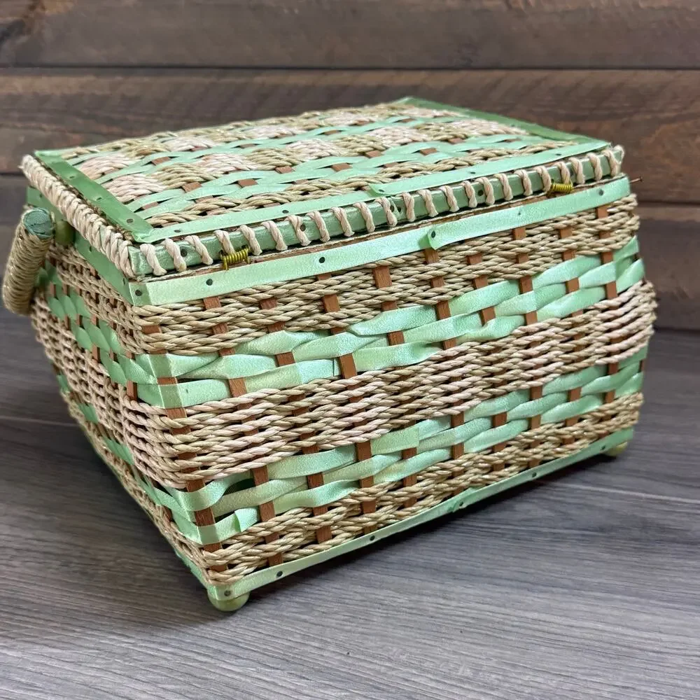 Vintage 1960s Wicker Sewing Basket Granma Cottagecore Shabby Chic Country Japan
